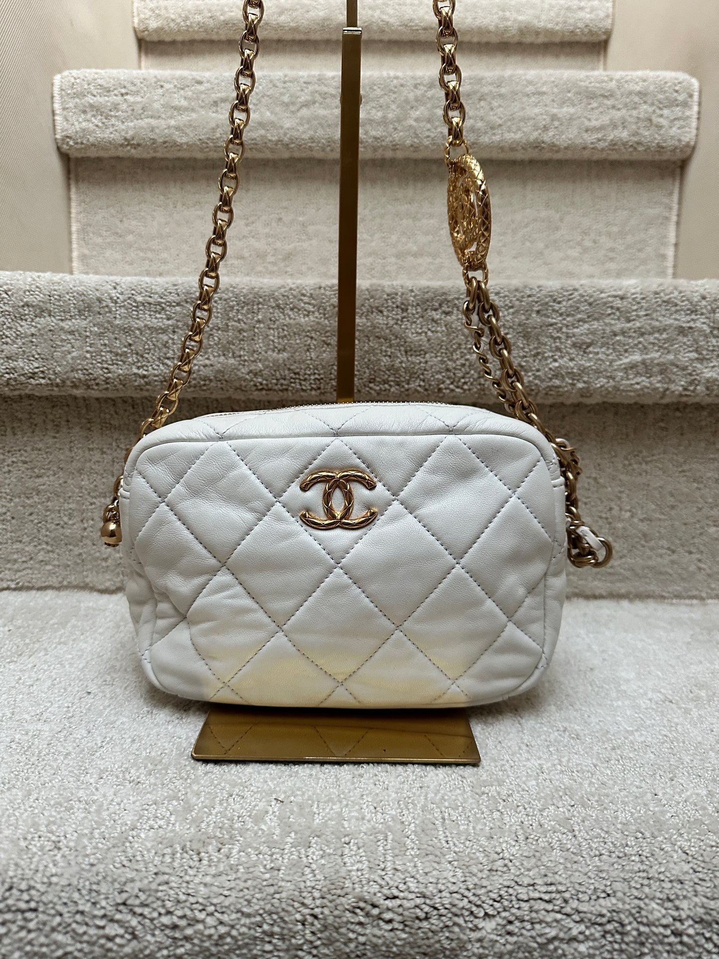 Chanel Quilted white Lambskin Leather Medallion Chain Camera Bag