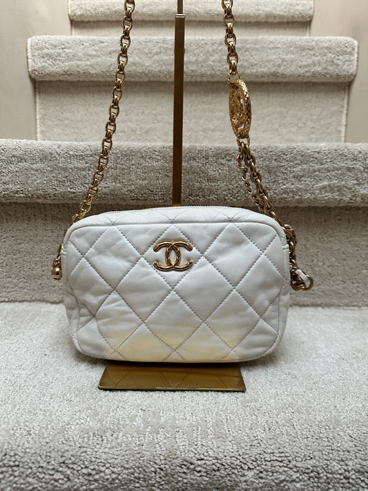 Chanel Quilted white Lambskin Leather Medallion Chain Camera Bag