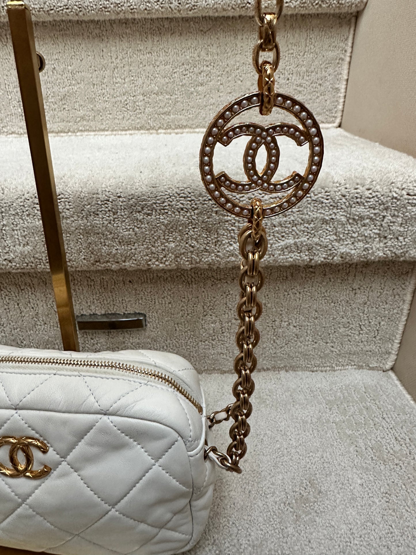 Chanel Quilted white Lambskin Leather Medallion Chain Camera Bag
