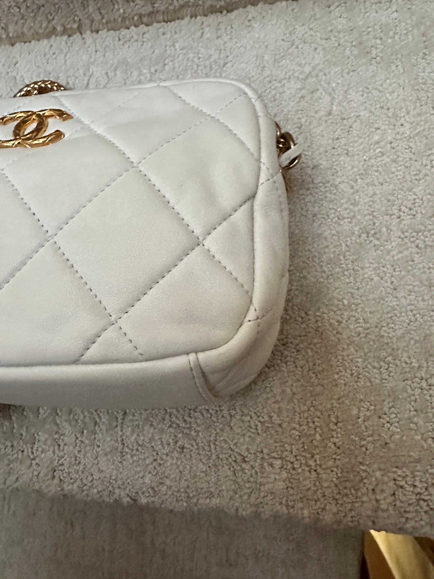 Chanel Quilted white Lambskin Leather Medallion Chain Camera Bag