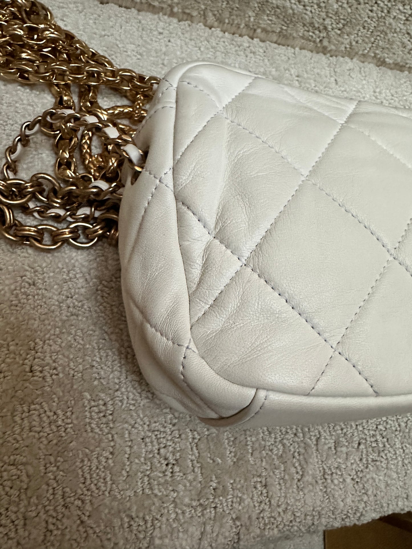Chanel Quilted white Lambskin Leather Medallion Chain Camera Bag