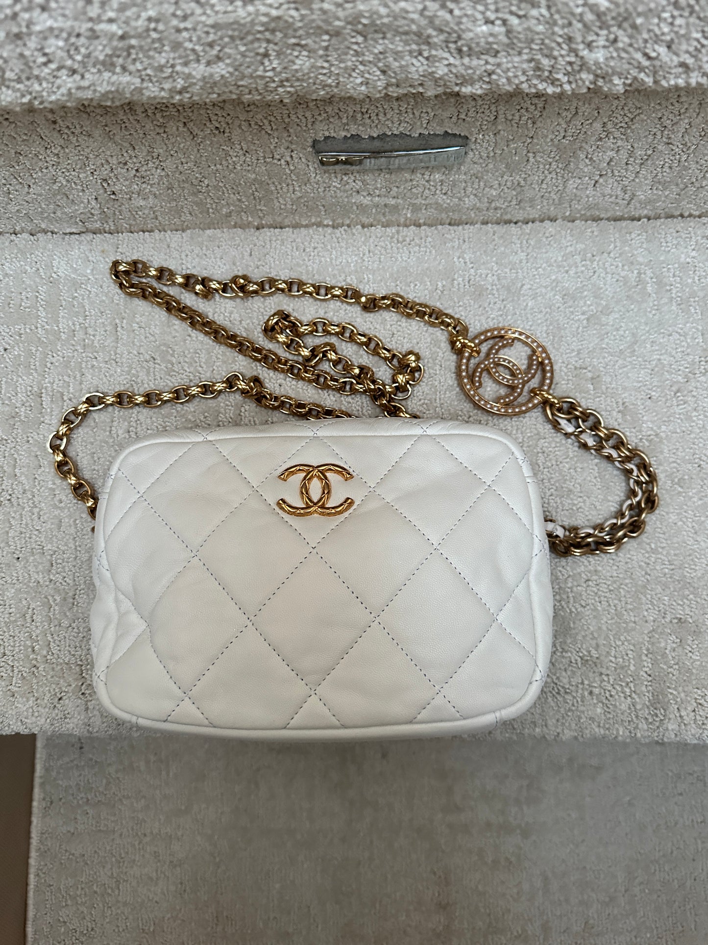 Chanel Quilted white Lambskin Leather Medallion Chain Camera Bag