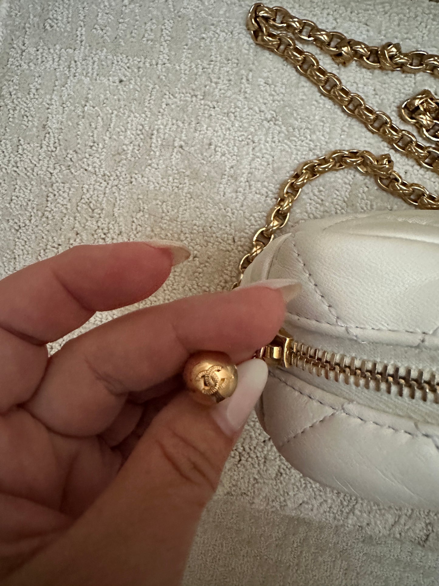 Chanel Quilted white Lambskin Leather Medallion Chain Camera Bag