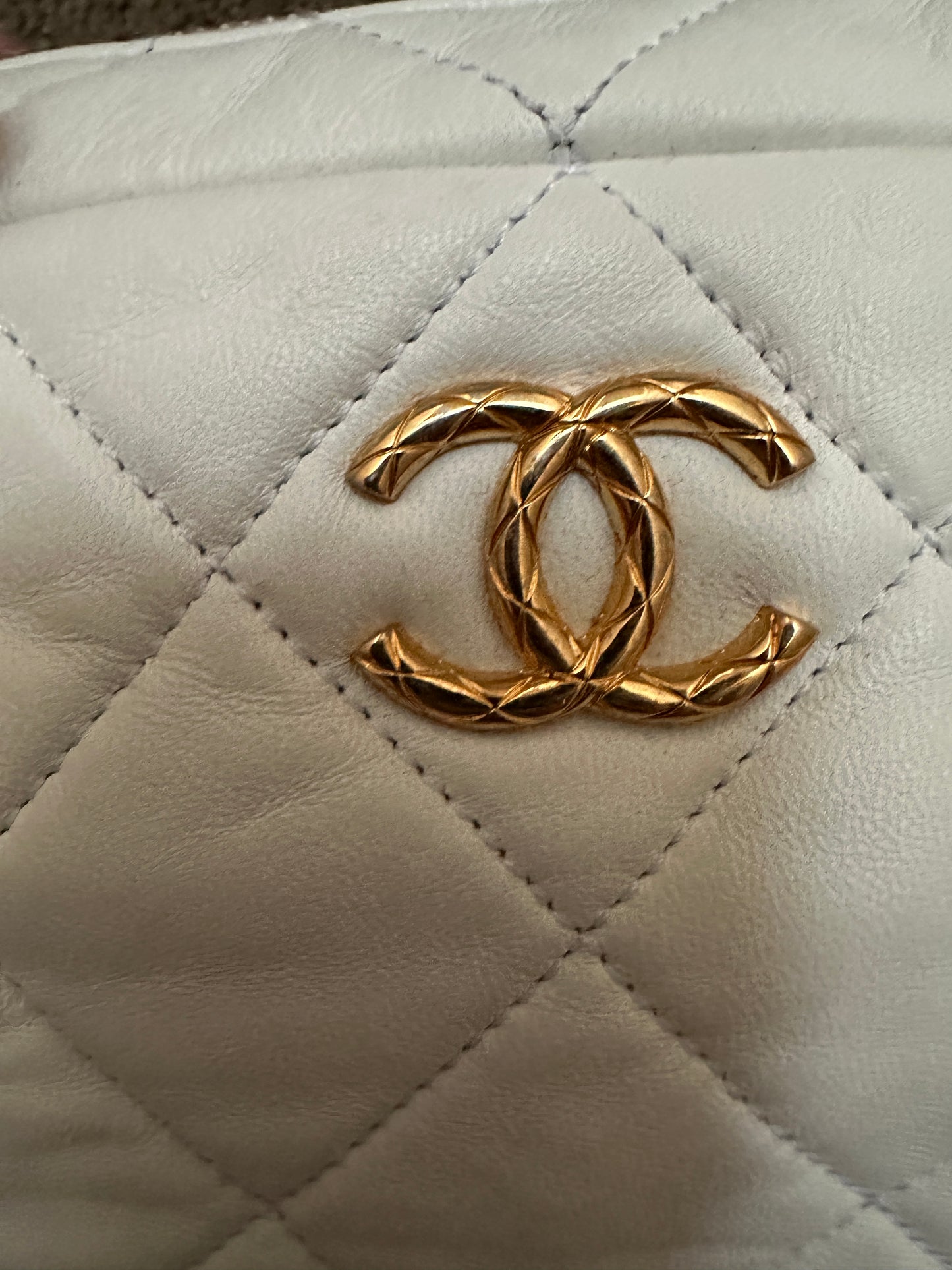 Chanel Quilted white Lambskin Leather Medallion Chain Camera Bag