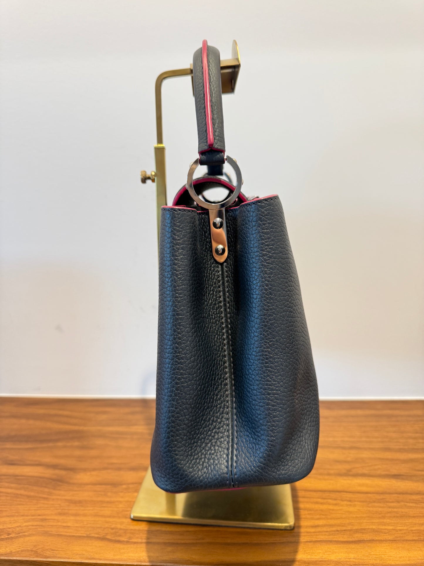 Louis Vuitton Taurillon Capucines PM in Dark Navy & Pink