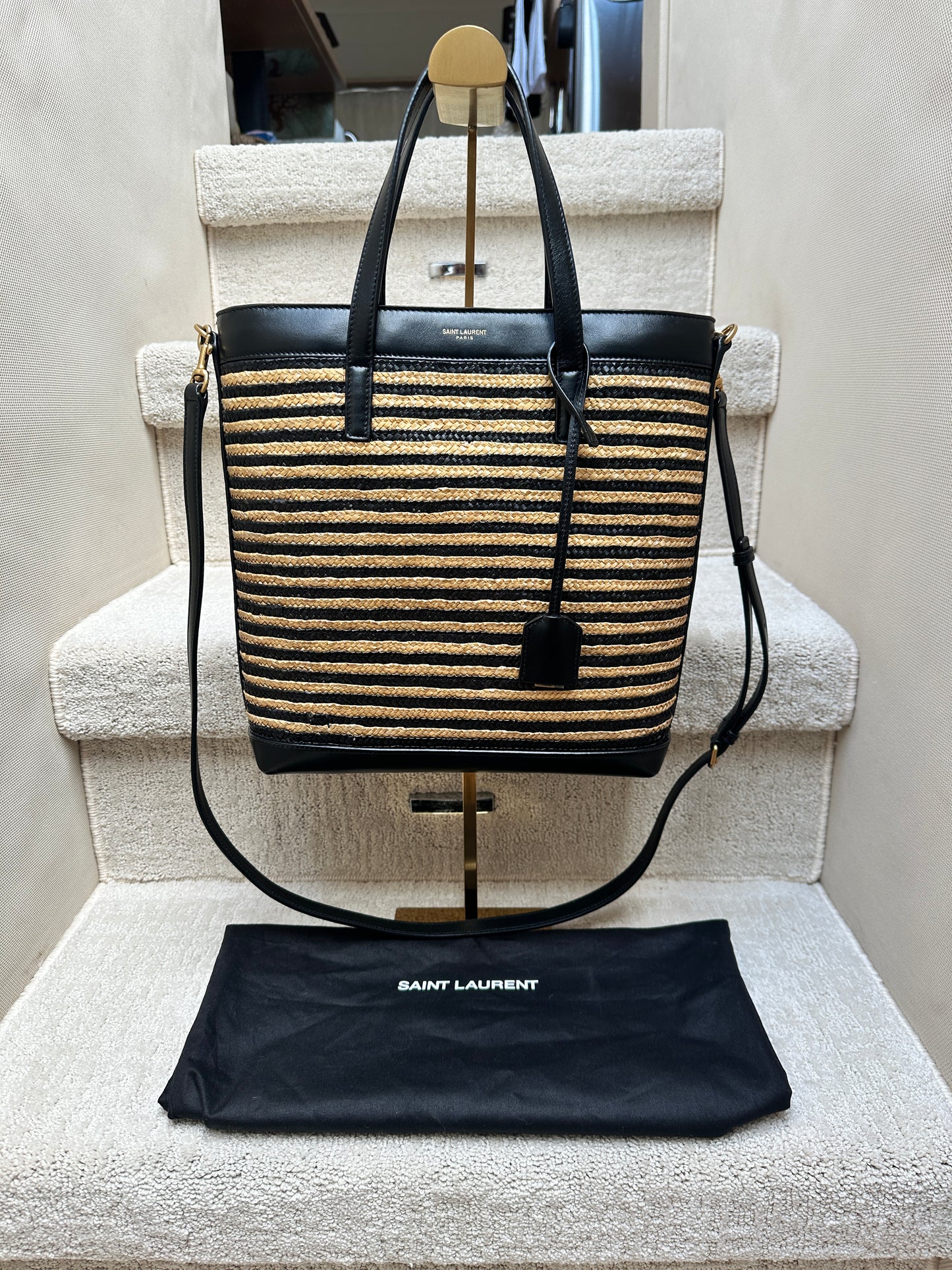 YSL Raffia & Black Leather Tote