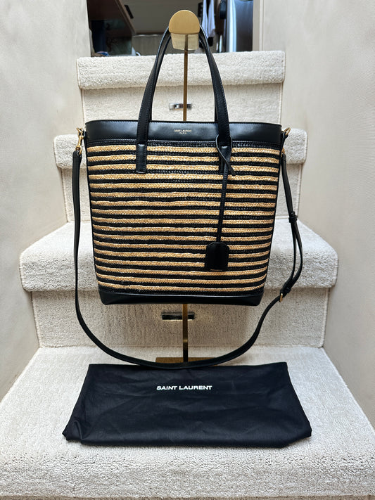 YSL Raffia & Black Leather Tote