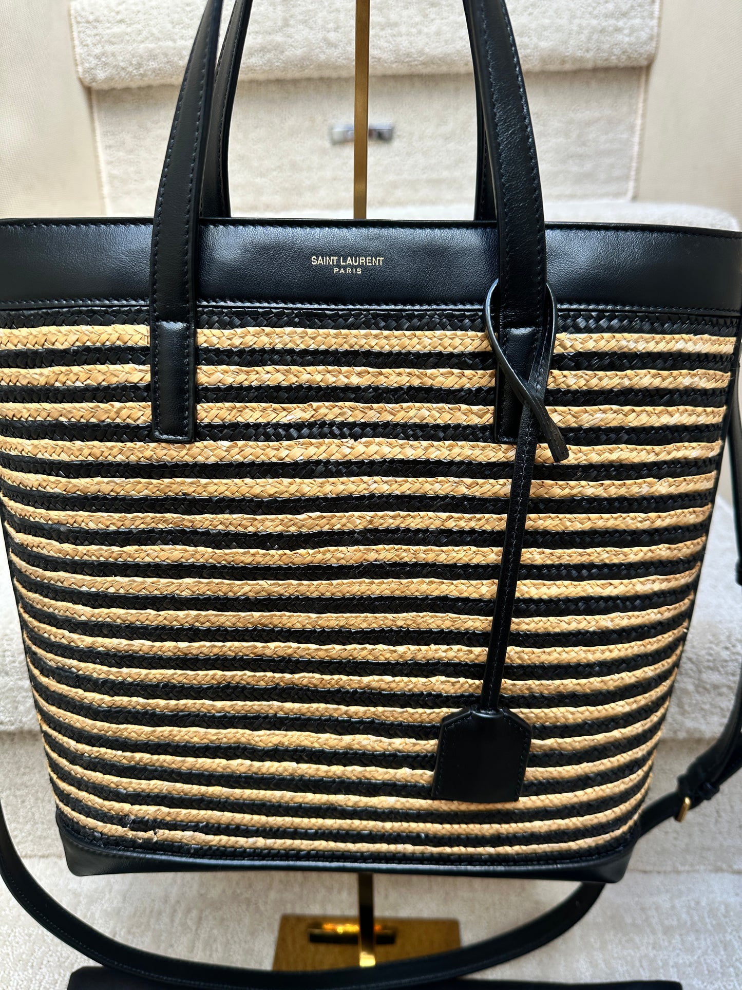 YSL Raffia & Black Leather Tote