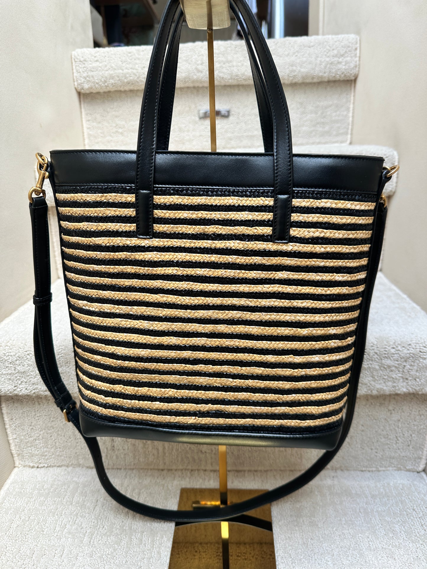 YSL Raffia & Black Leather Tote