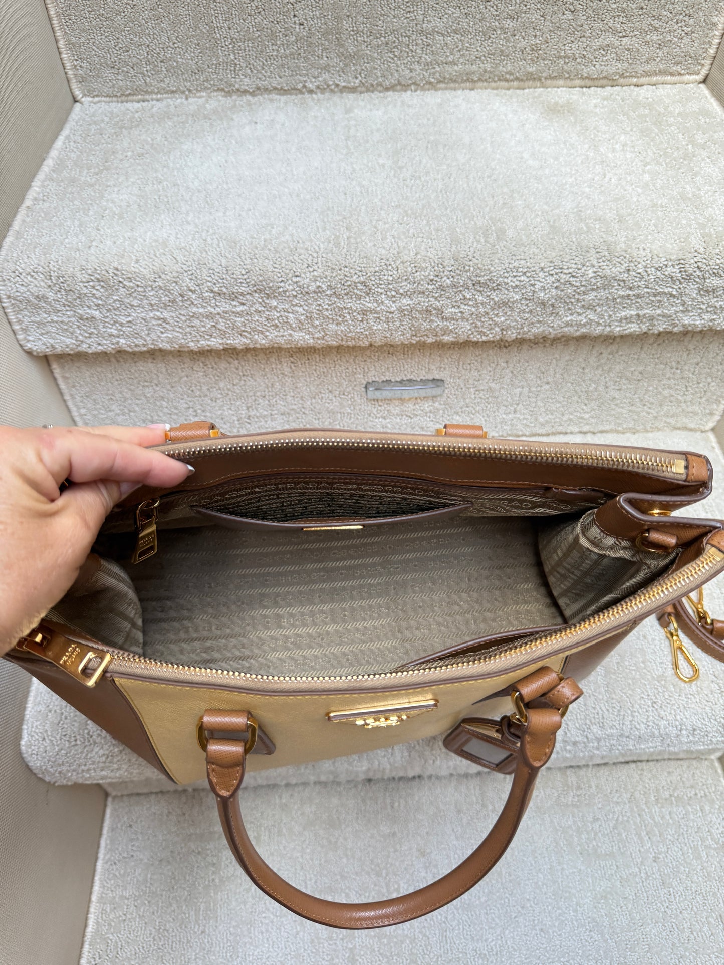 Prada Saffiano Lux Leather Galleria BiColor Double Zip Tote in size Medium