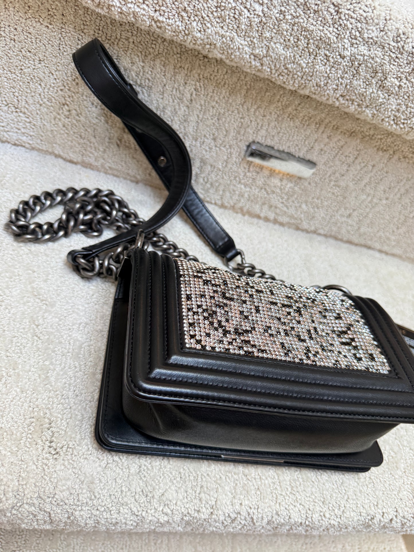 close up of back corner of chanel boy back special edition