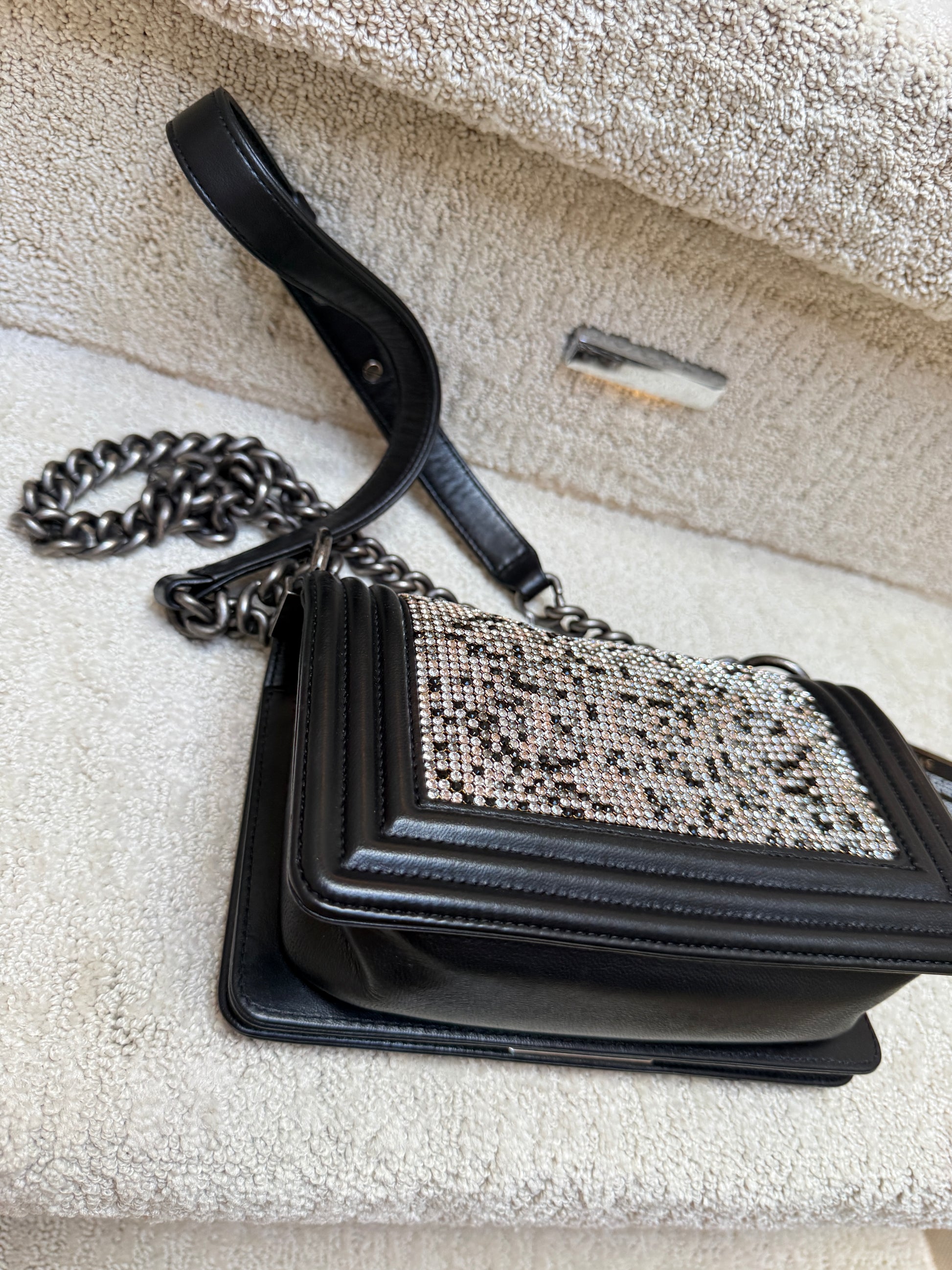 close up of back corner of chanel boy back special edition