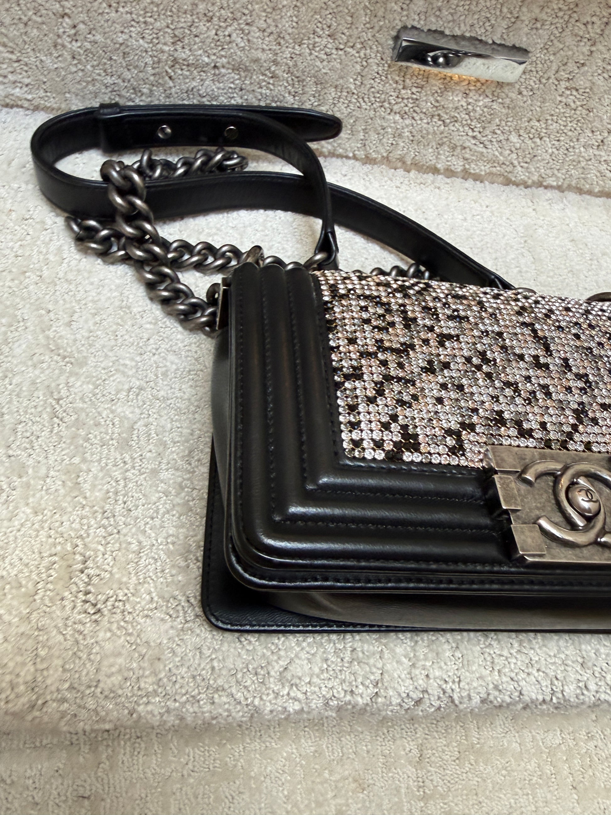 close up of front corner clean on chanel boy bag small
