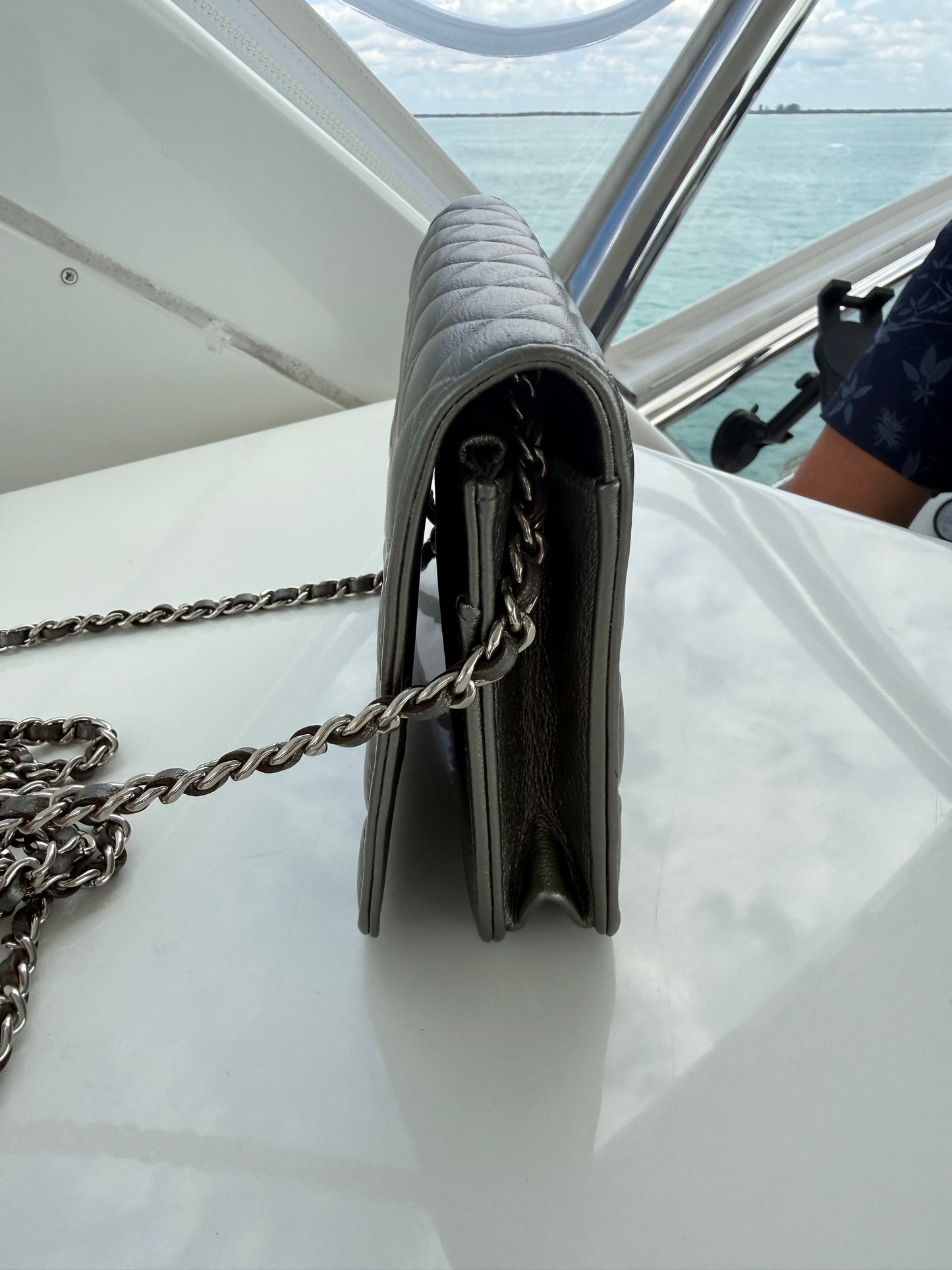 Chanel Wallet on Chain in Metallic Gray Lambskin