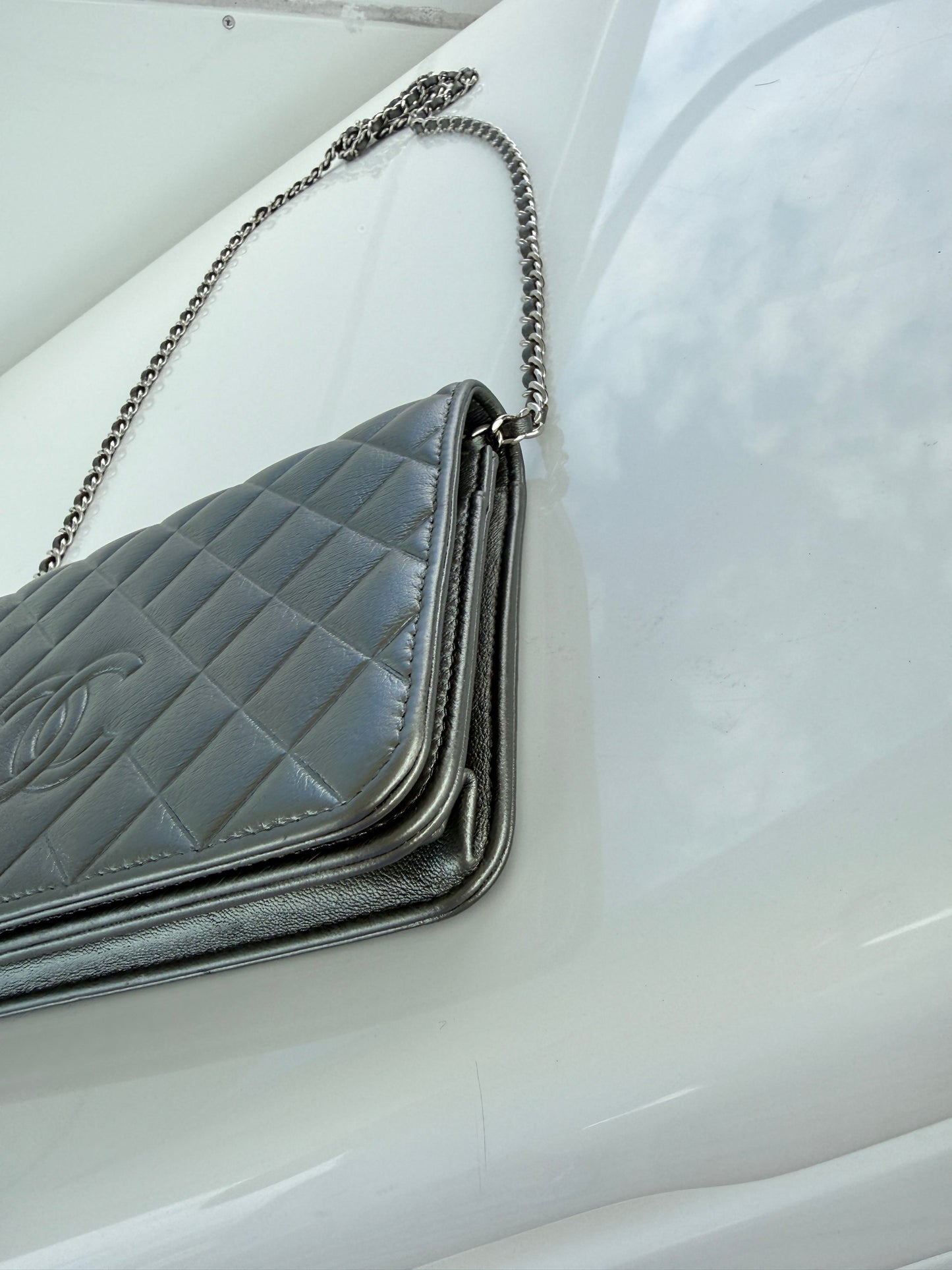 Chanel Wallet on Chain in Metallic Gray Lambskin