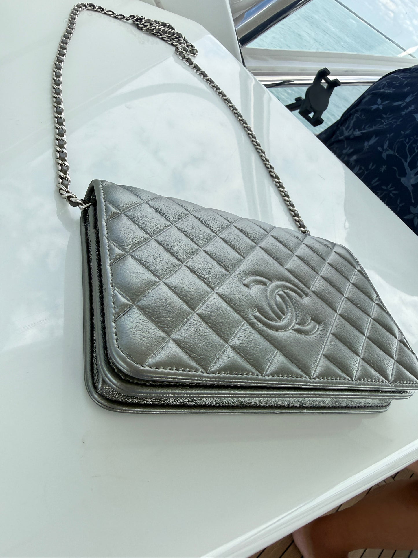 Chanel Wallet on Chain in Metallic Gray Lambskin