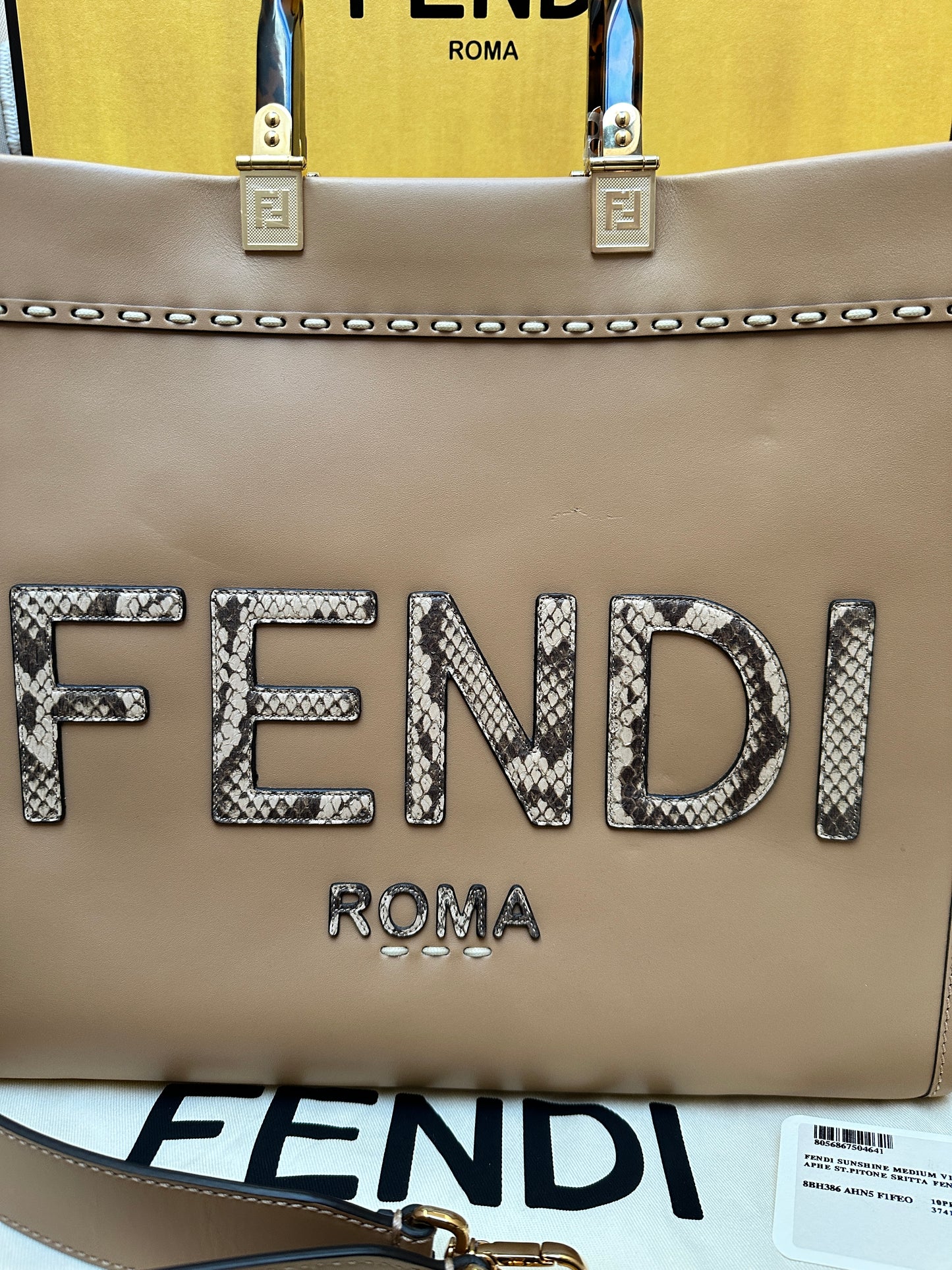NEW!! Fendi Sunshine Medium Light brown leather and elaphe shopper bag