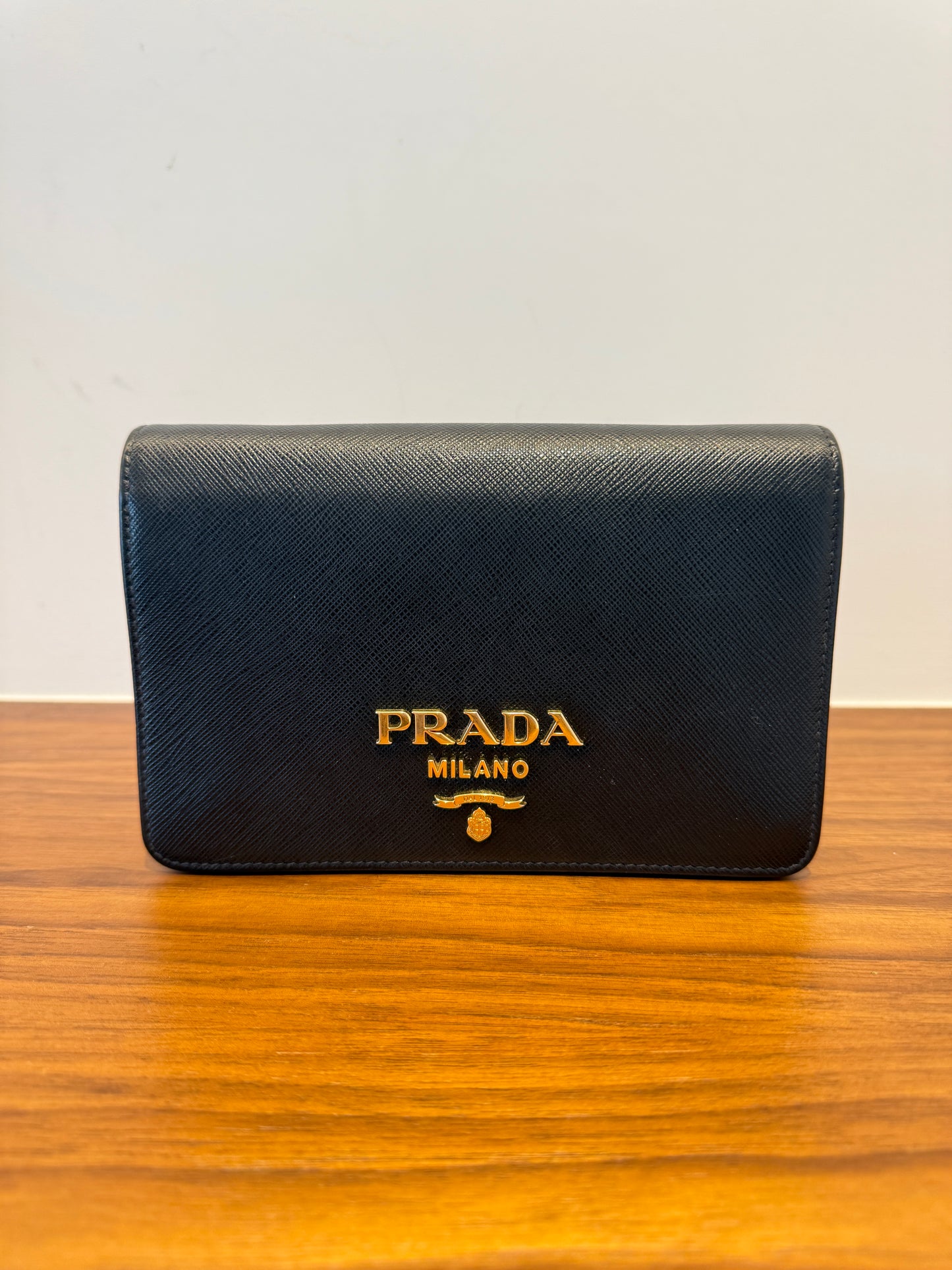 Prada Wallet on Chain in Black and Gold