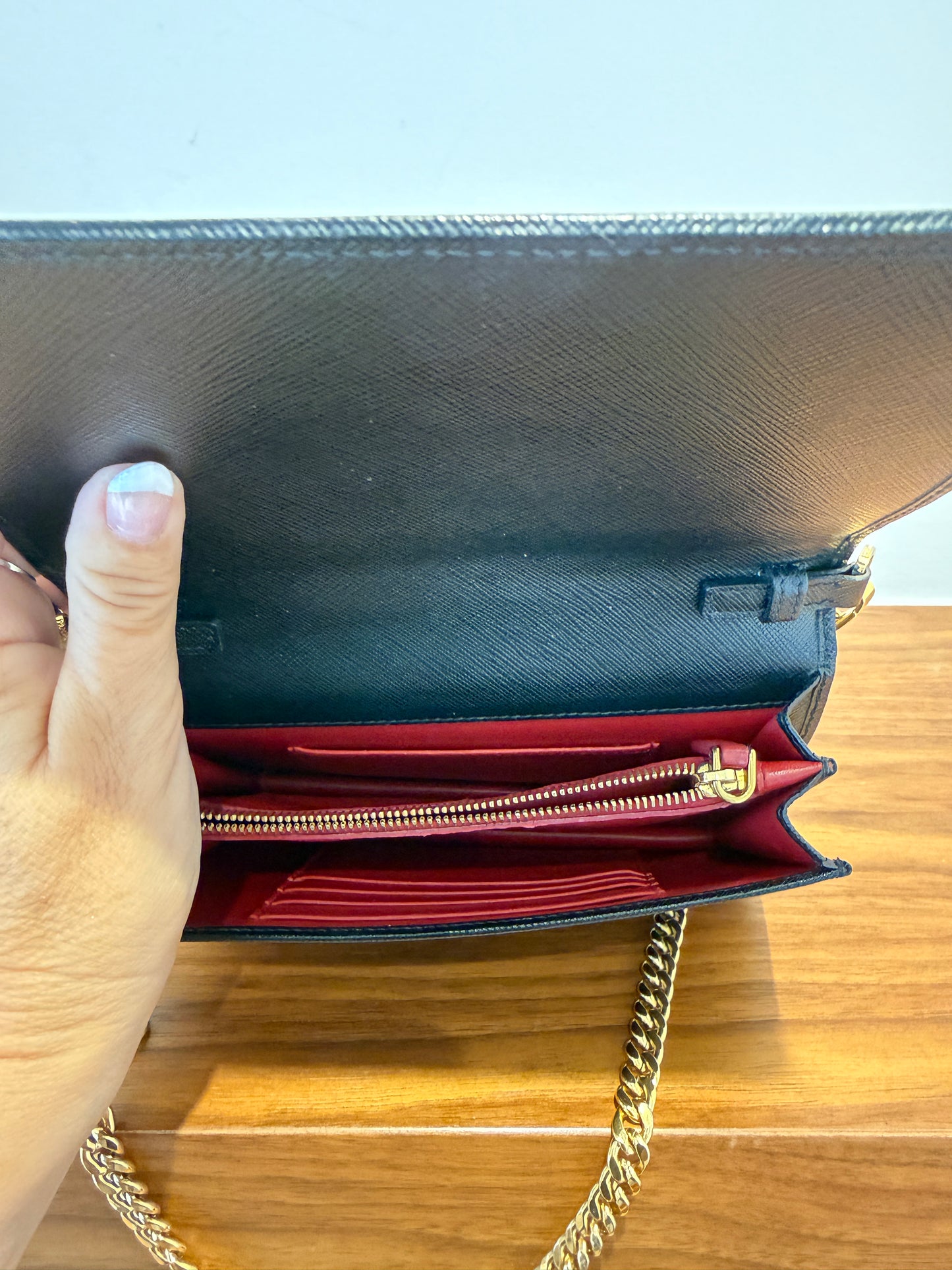 Prada Wallet on Chain in Black and Gold