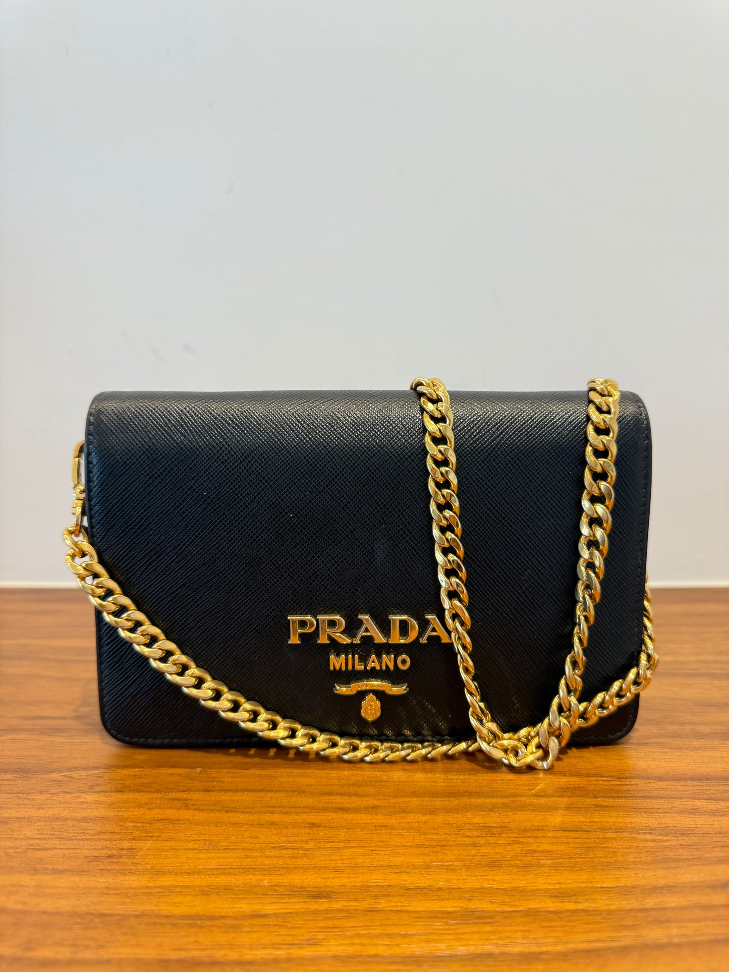Prada Wallet on Chain in Black and Gold