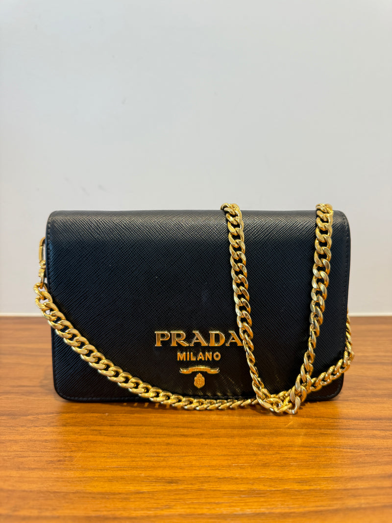 Prada Wallet on Chain in Black and Gold