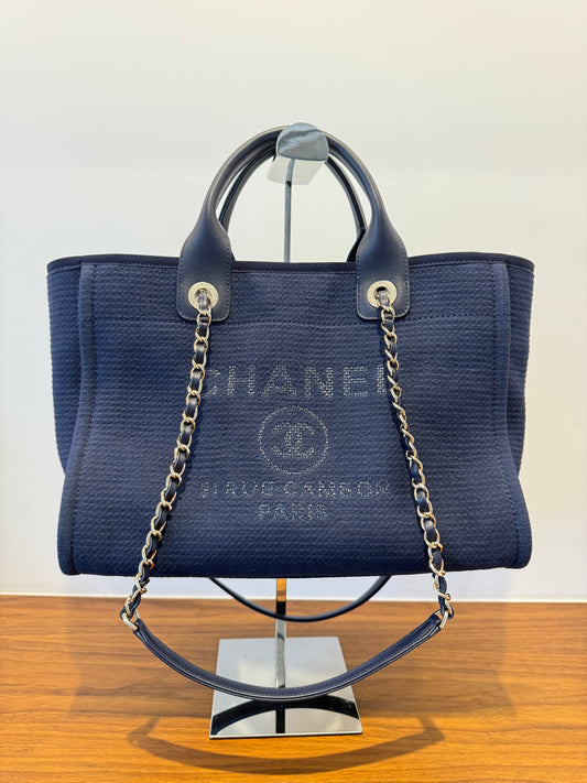 Chanel deauville tote in navy blue fabric with silver hardware authentic and pre-owned from purseonalshopper