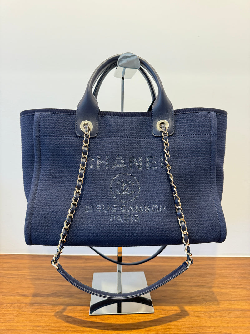 Chanel deauville tote in navy blue fabric with silver hardware authentic and pre-owned from purseonalshopper