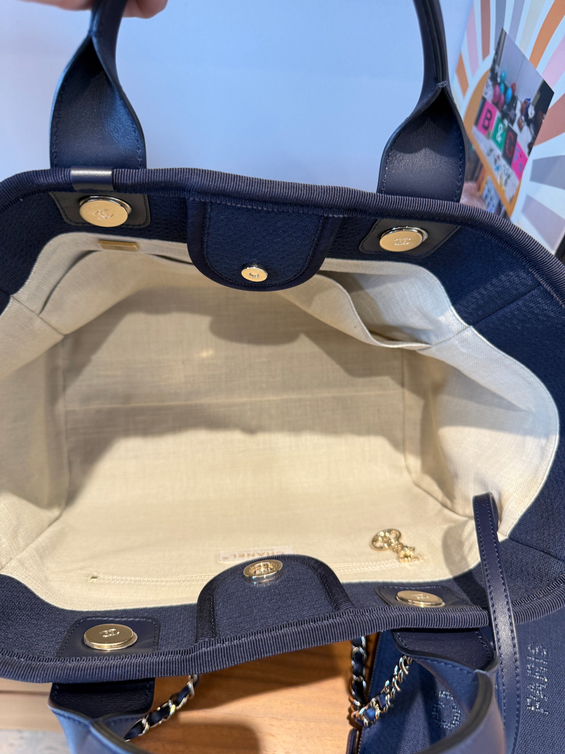 Chanel NAvy deauville tote interior view