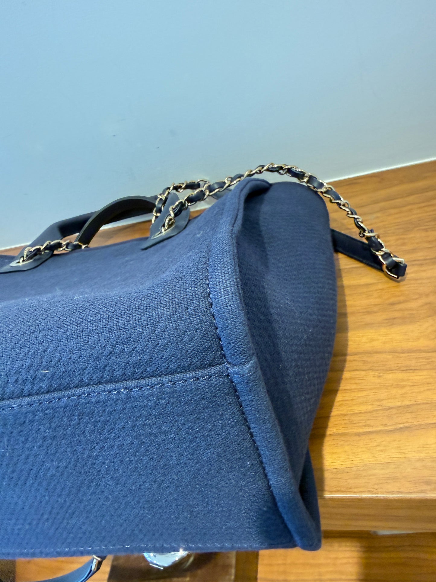 Chanel Navy Blue Mixed Fibers Small Deauville Tote Pre-Owned