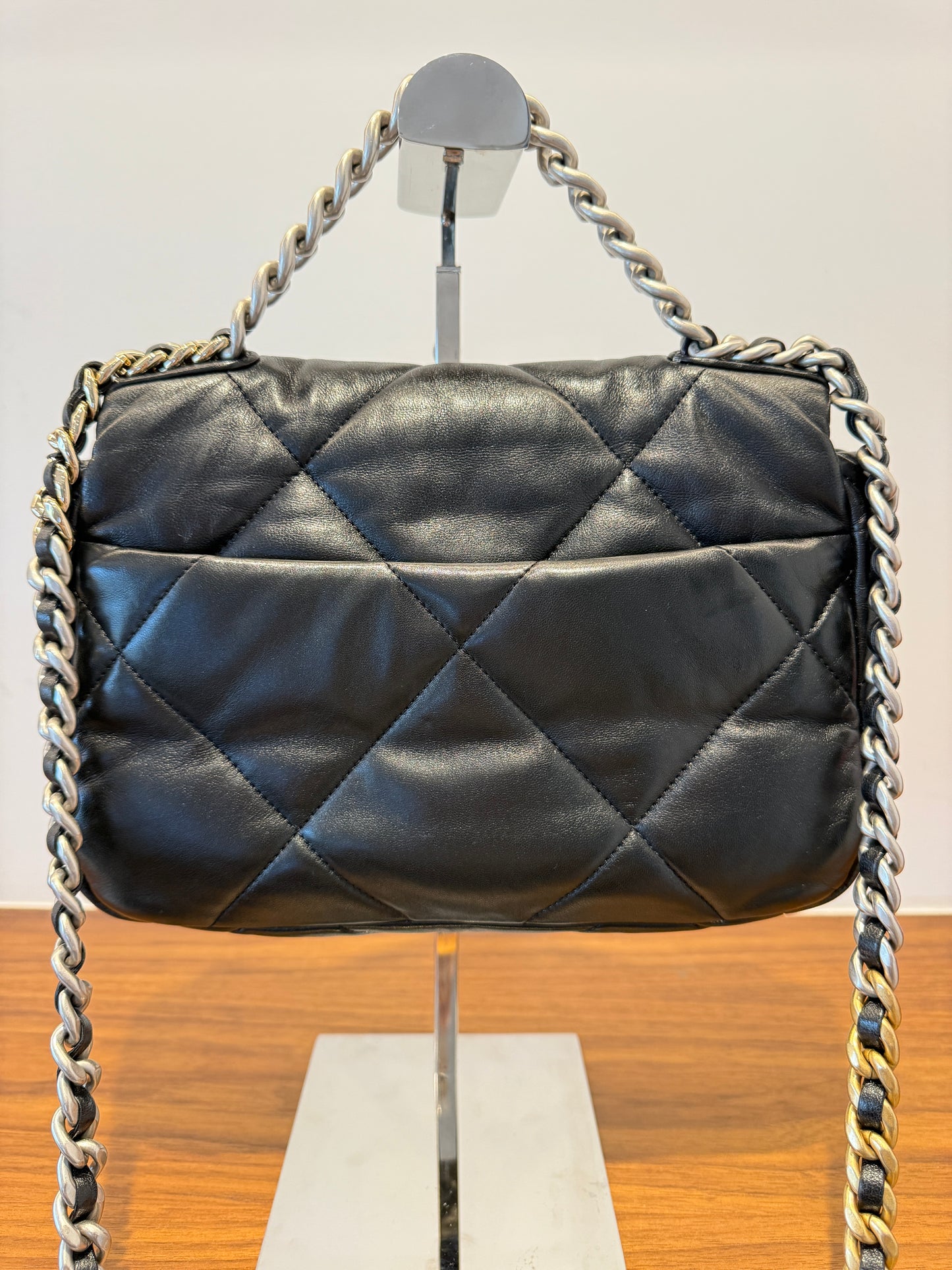 Chanel 19 handbag view of back of bag resale consignment
