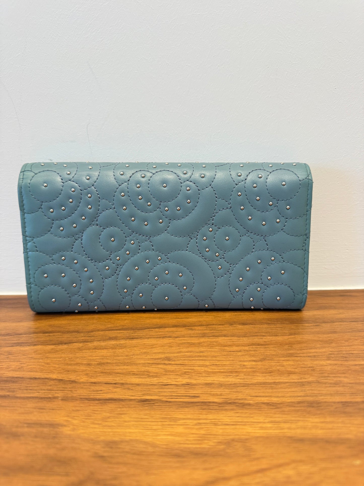 Chanel Lambskin Camellia Embossed Long Double Wallet with Studs in Blue