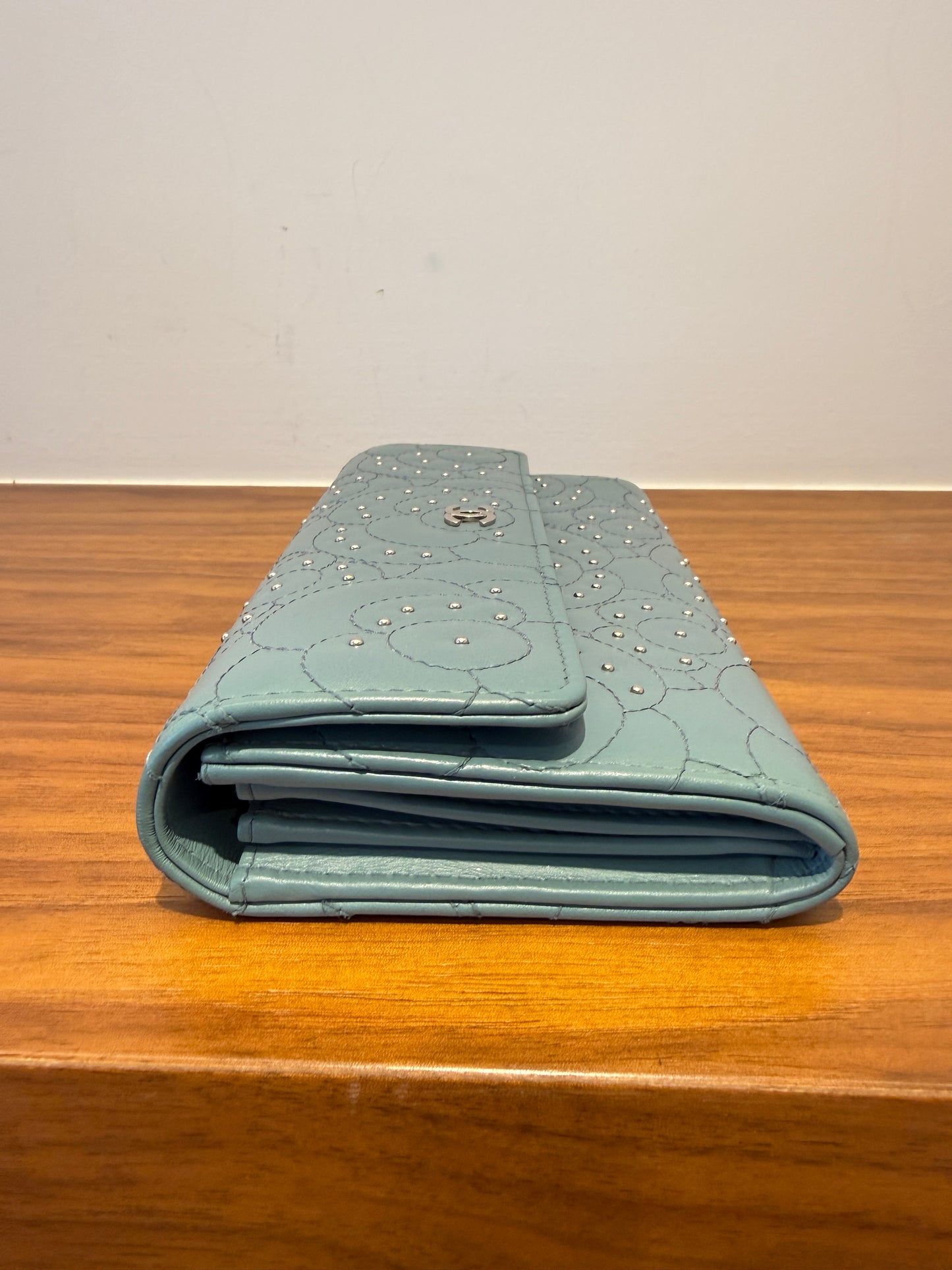 Chanel Lambskin Camellia Embossed Long Double Wallet with Studs in Blue