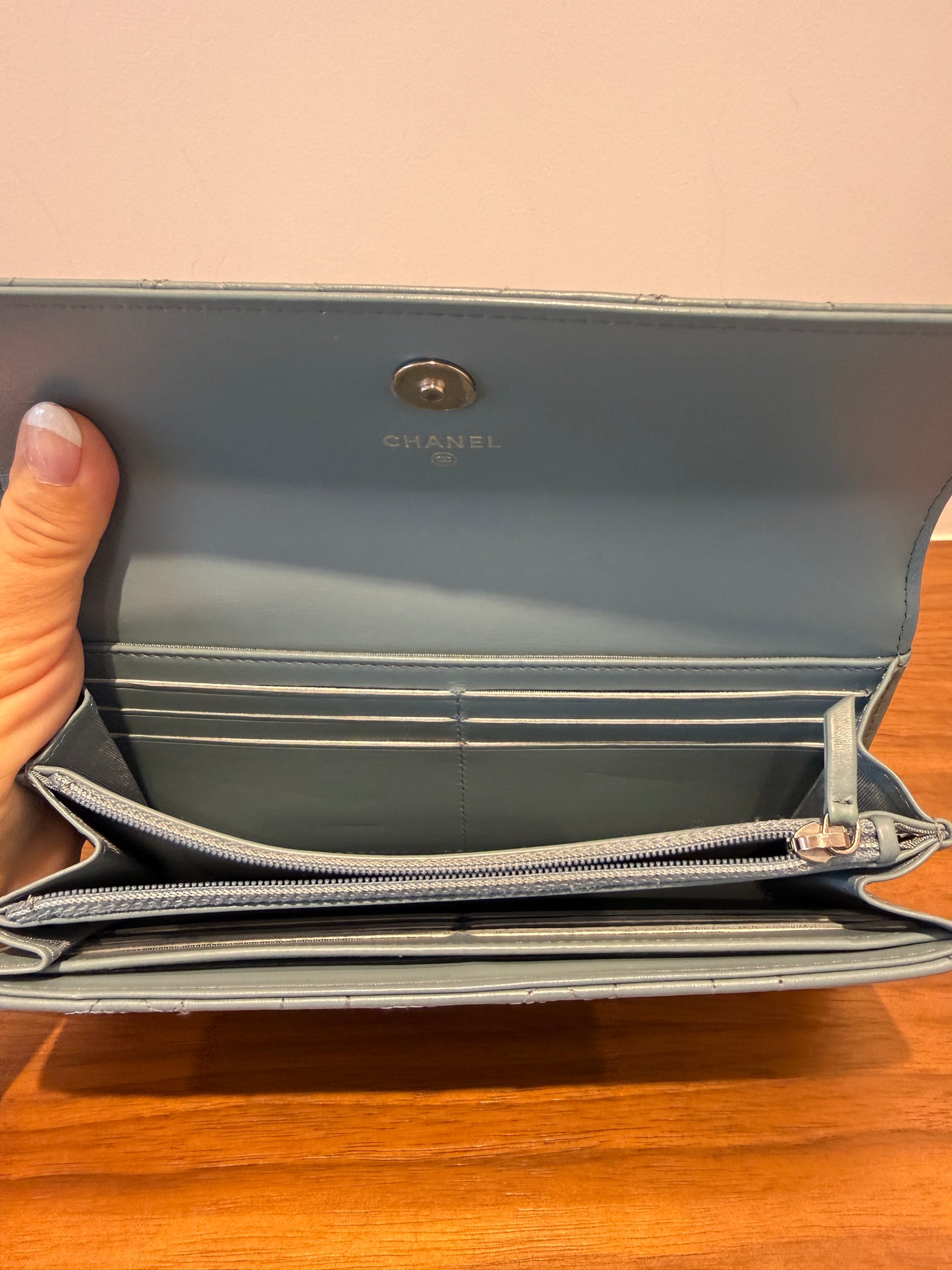 Chanel Lambskin Camellia Embossed Long Double Wallet with Studs in Blue