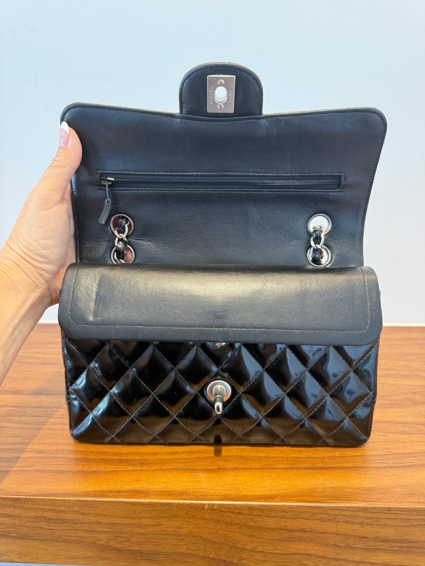 Chanel Classic Double Flap Small in Black Patent Leather with Silver Hardware