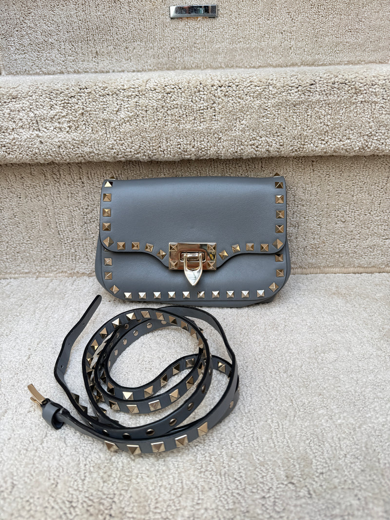 Valentino Garavani Vitello Mini Rockstud Flap Saddle Crossbody Blue