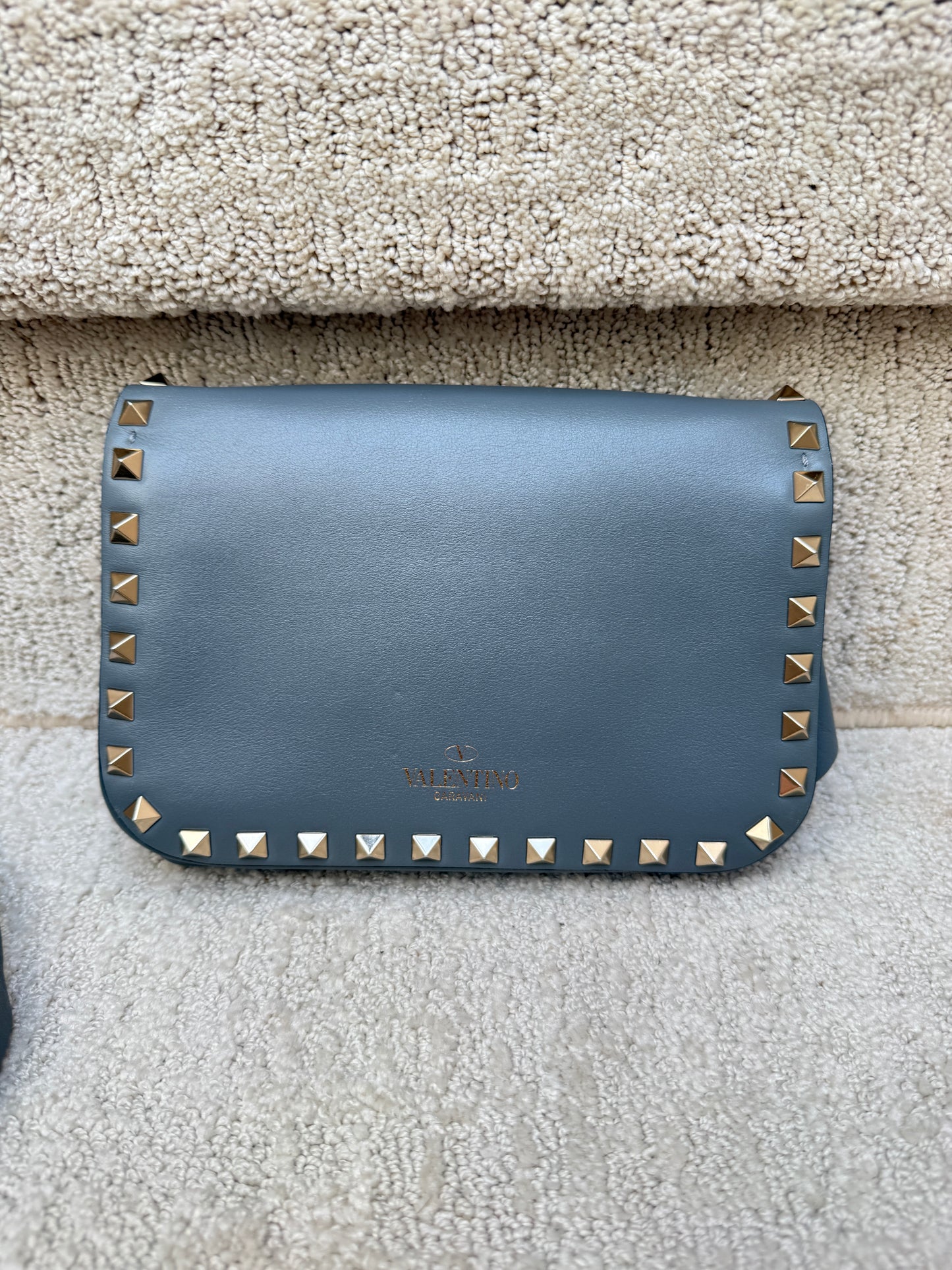 Valentino Garavani Vitello Mini Rockstud Flap Saddle Crossbody Blue
