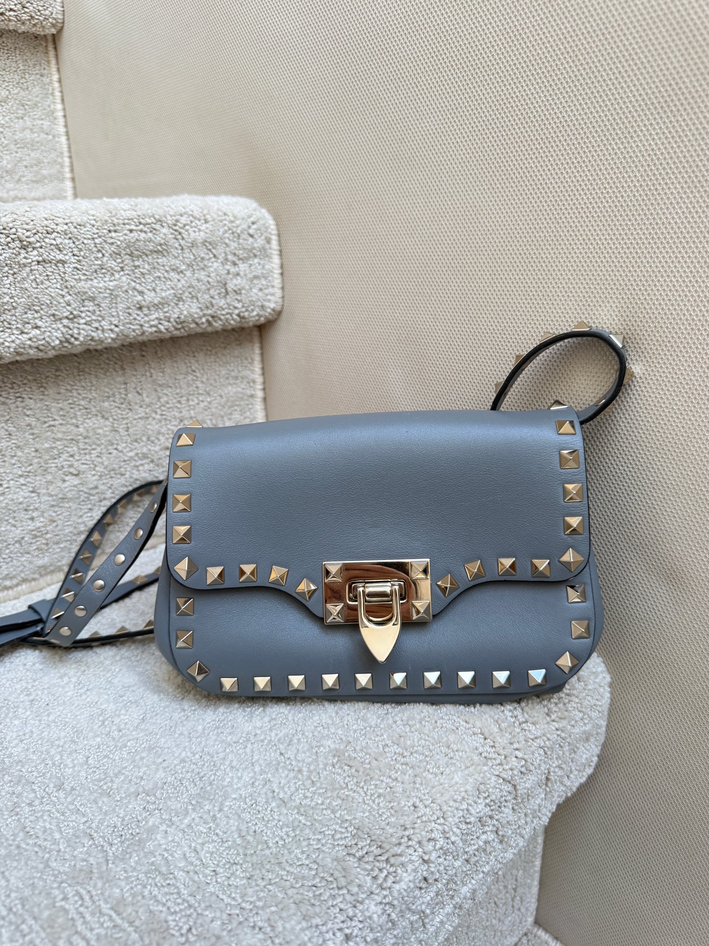 Valentino Garavani Vitello Mini Rockstud Flap Saddle Crossbody Blue