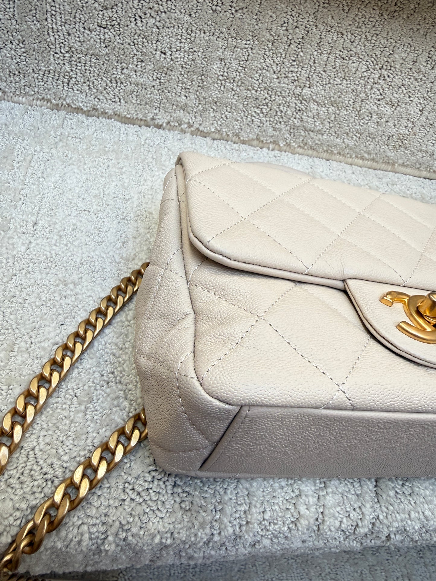 Chanel Shiny Caviar Quilted Mini Top Handle Flap Ecru