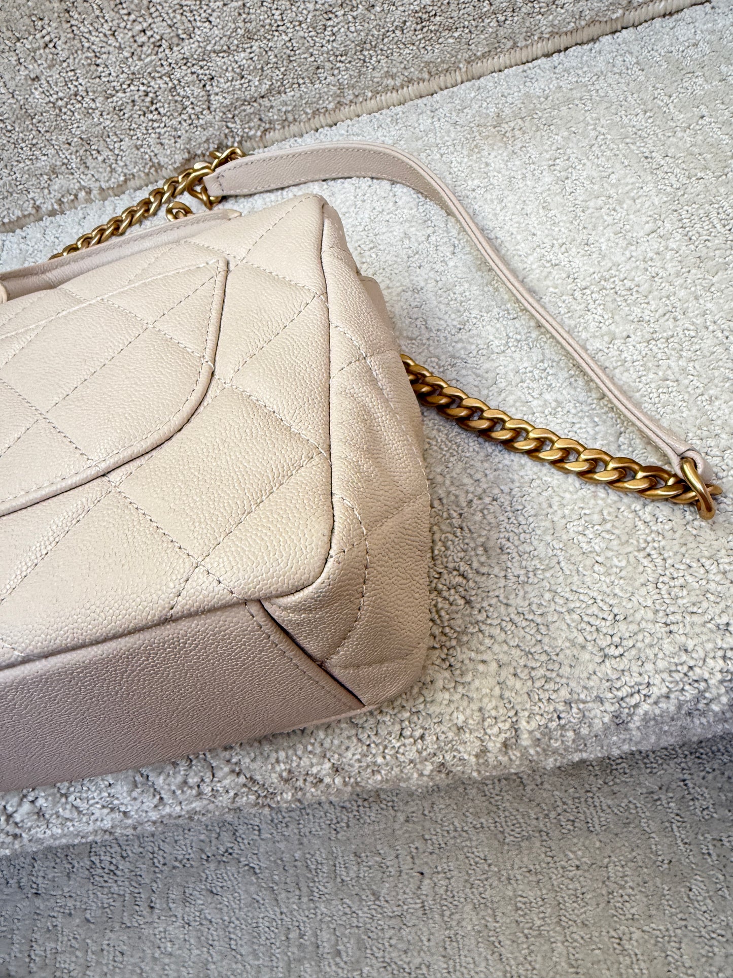 Chanel Shiny Caviar Quilted Mini Top Handle Flap Ecru