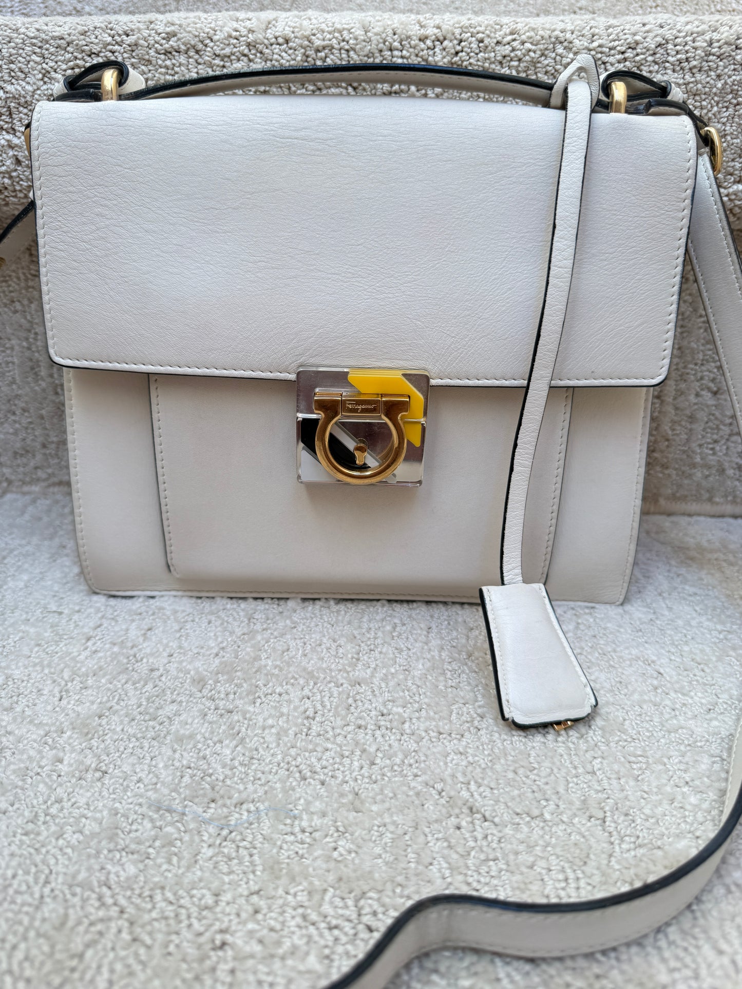 Ferragamo Handbag in White Leather with Gancini Hardware