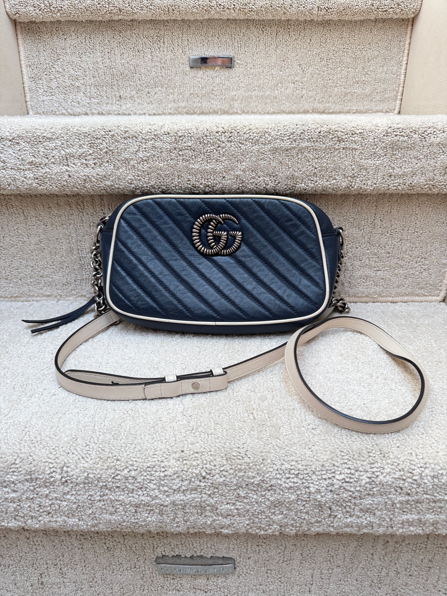 Gucci Calfskin Matelasse Diagonal Small Torchon GG Marmont Chain Shoulder Bag Navy