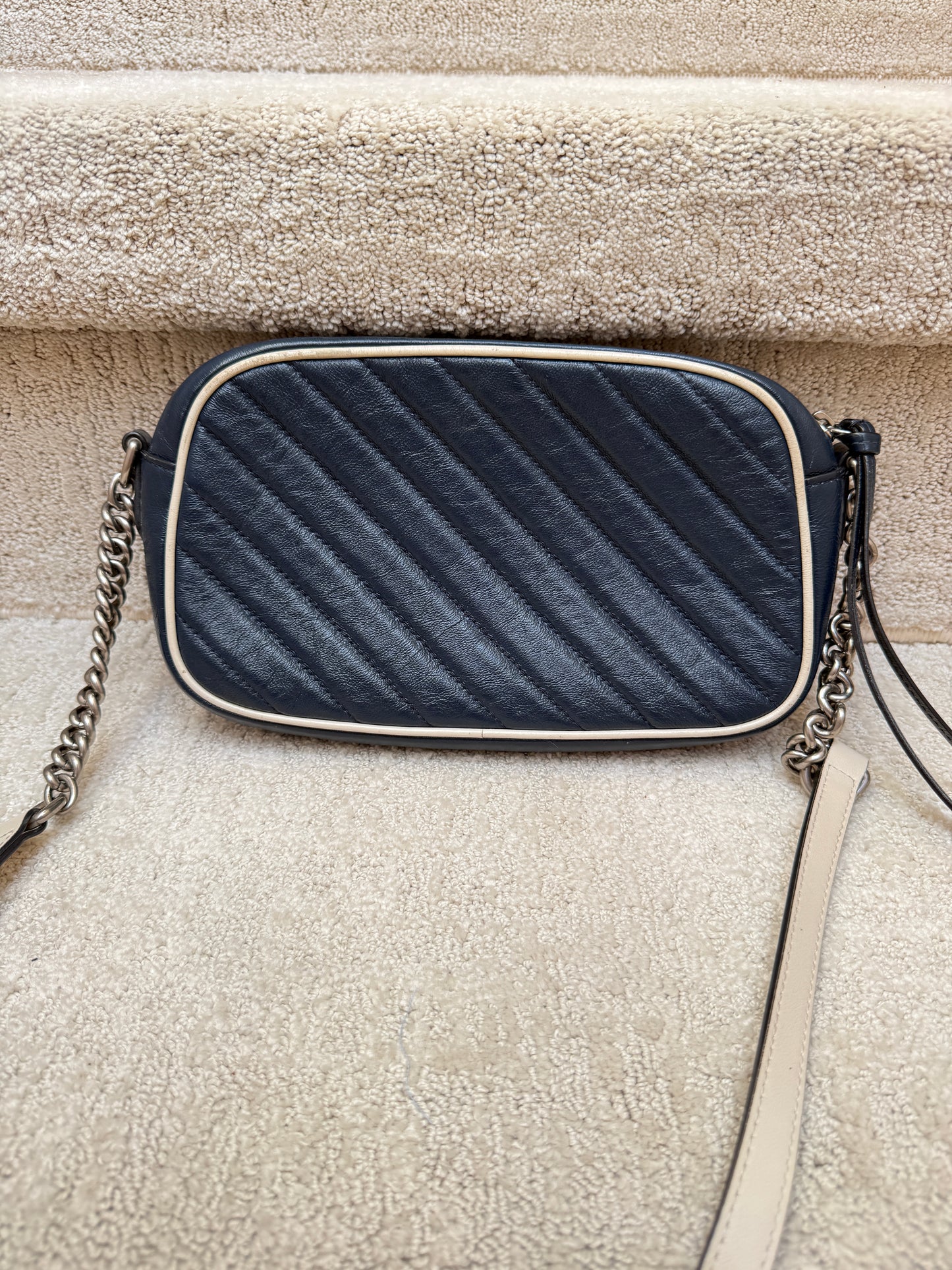 Gucci Calfskin Matelasse Diagonal Small Torchon GG Marmont Chain Shoulder Bag Navy