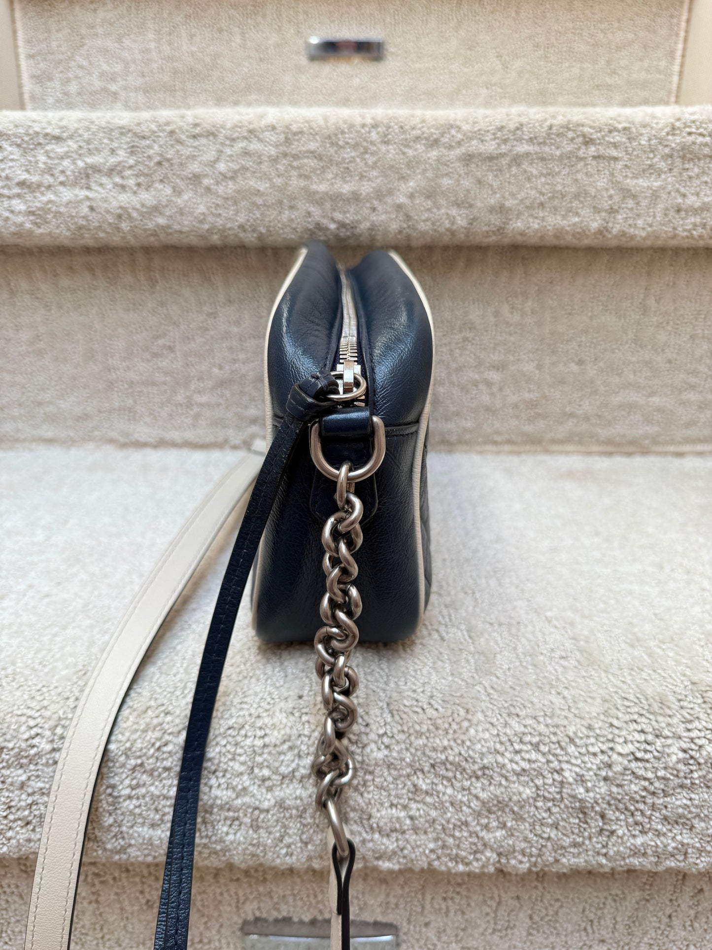 Gucci Calfskin Matelasse Diagonal Small Torchon GG Marmont Chain Shoulder Bag Navy