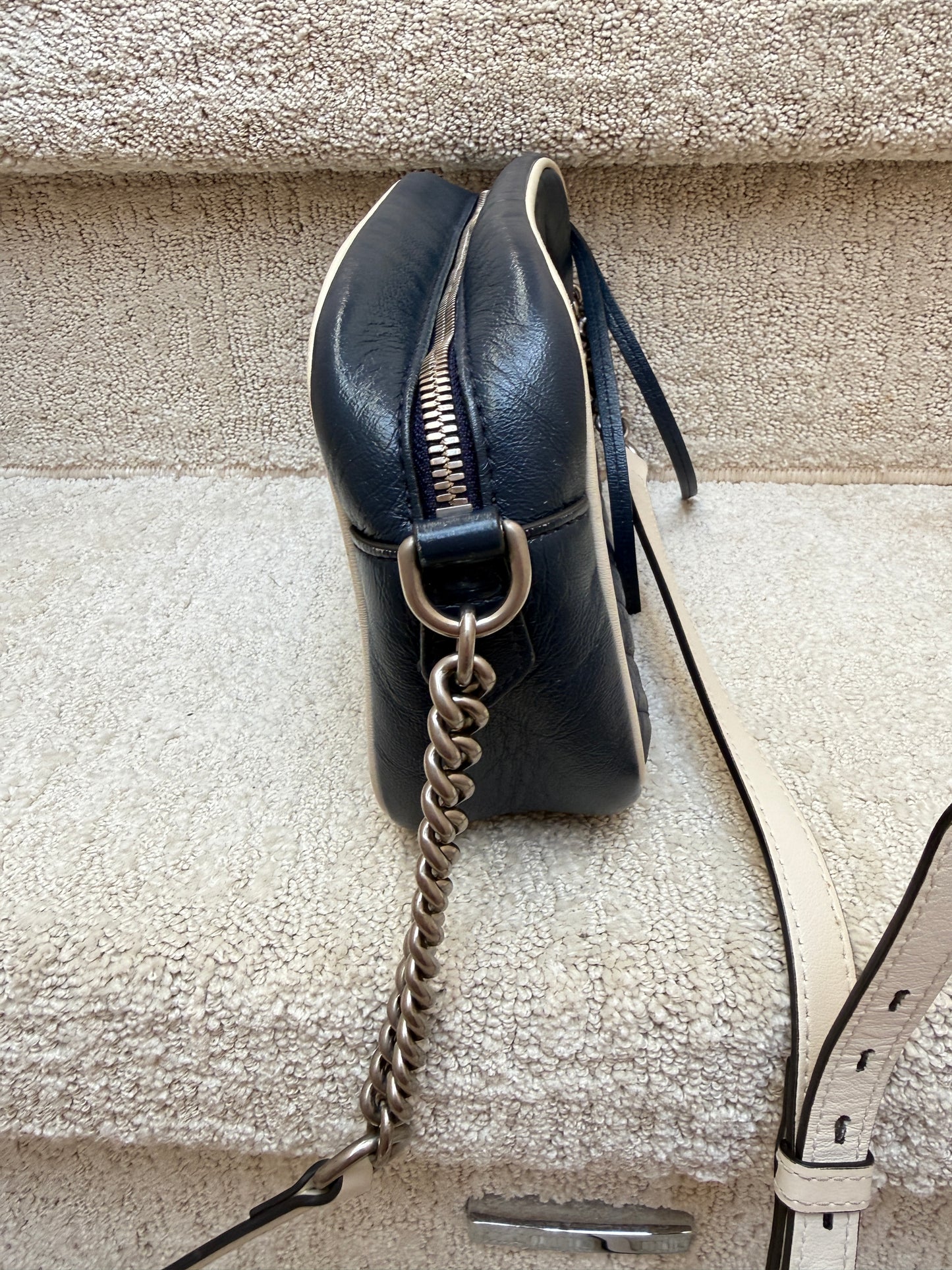 Gucci Calfskin Matelasse Diagonal Small Torchon GG Marmont Chain Shoulder Bag Navy