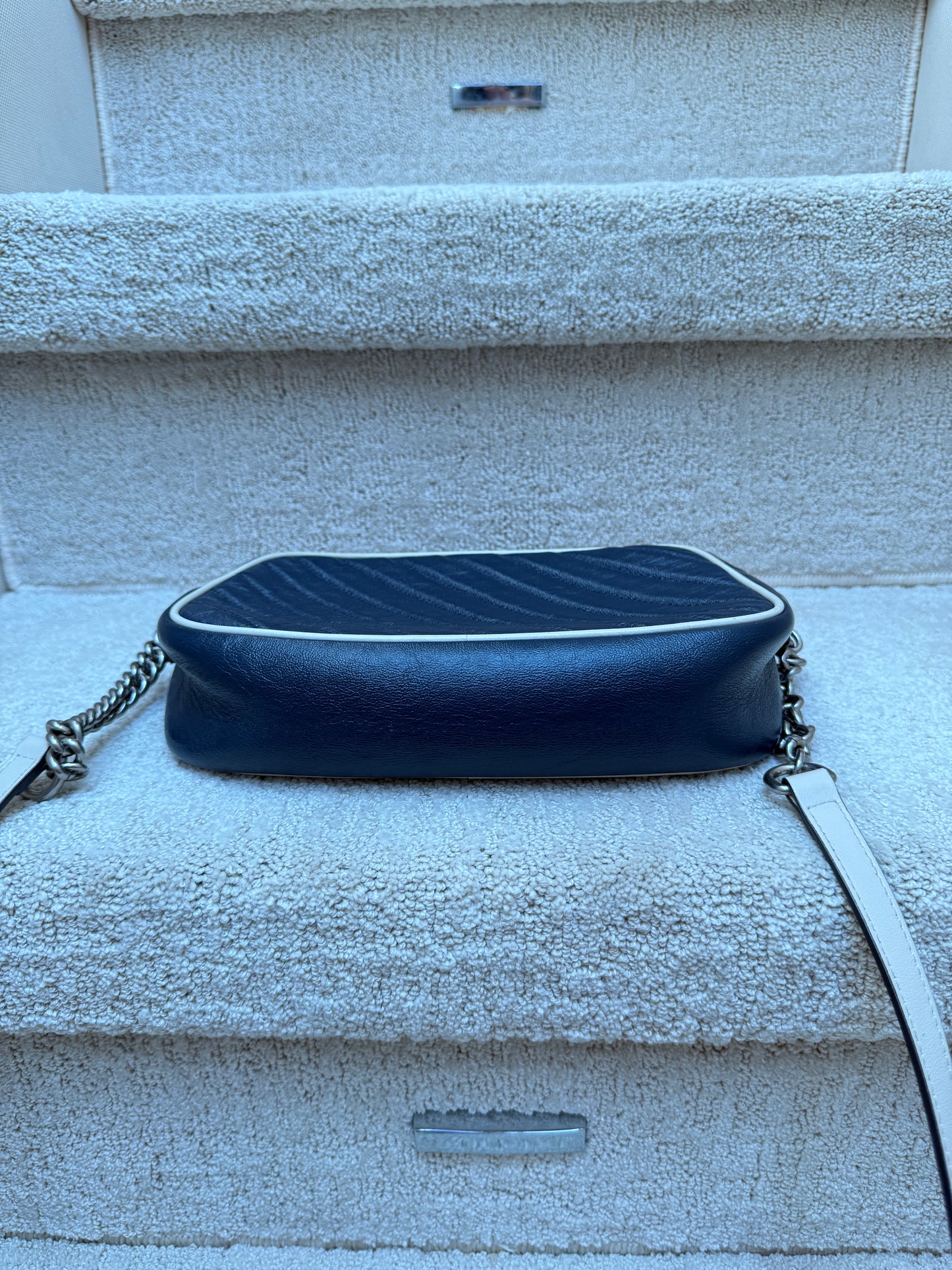 Gucci Calfskin Matelasse Diagonal Small Torchon GG Marmont Chain Shoulder Bag Navy