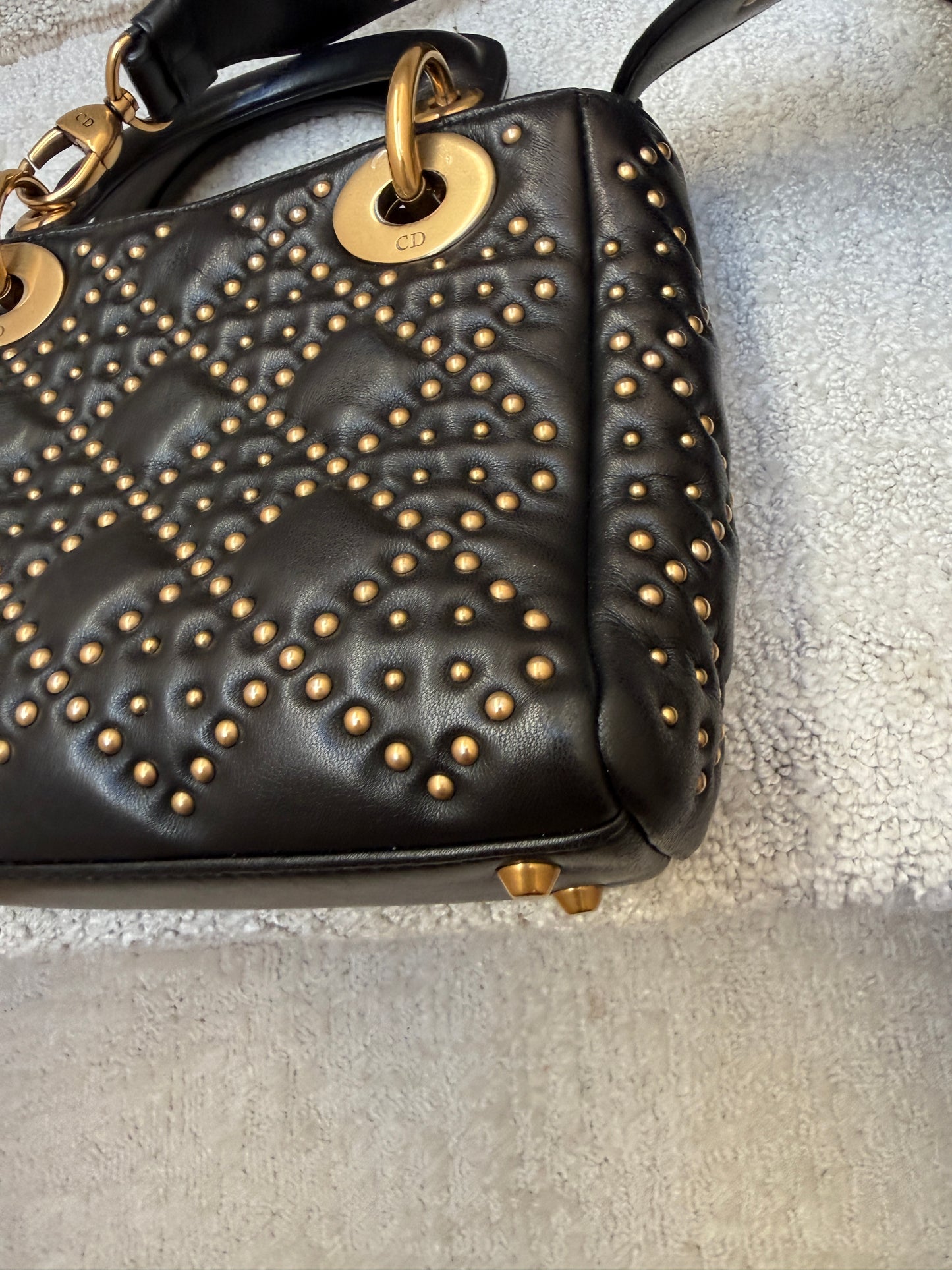 Christian Dior Mini Lady Dior gold stud detail With closeup view of corner
