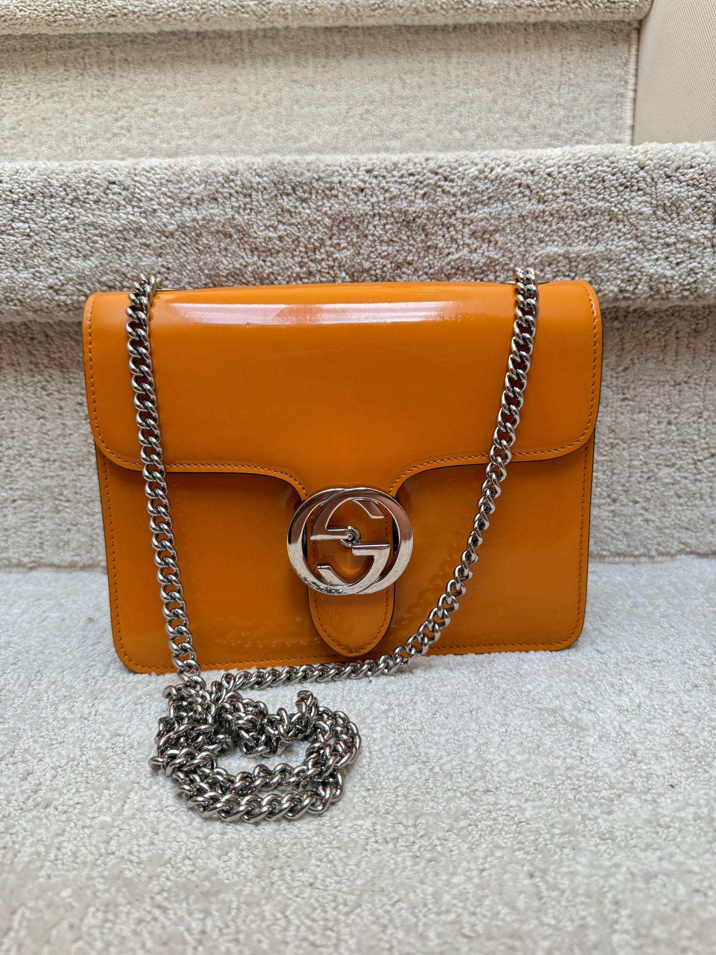 Gucci Dollar Calfskin Small Interlocking G Shoulder Bag in orange patent
