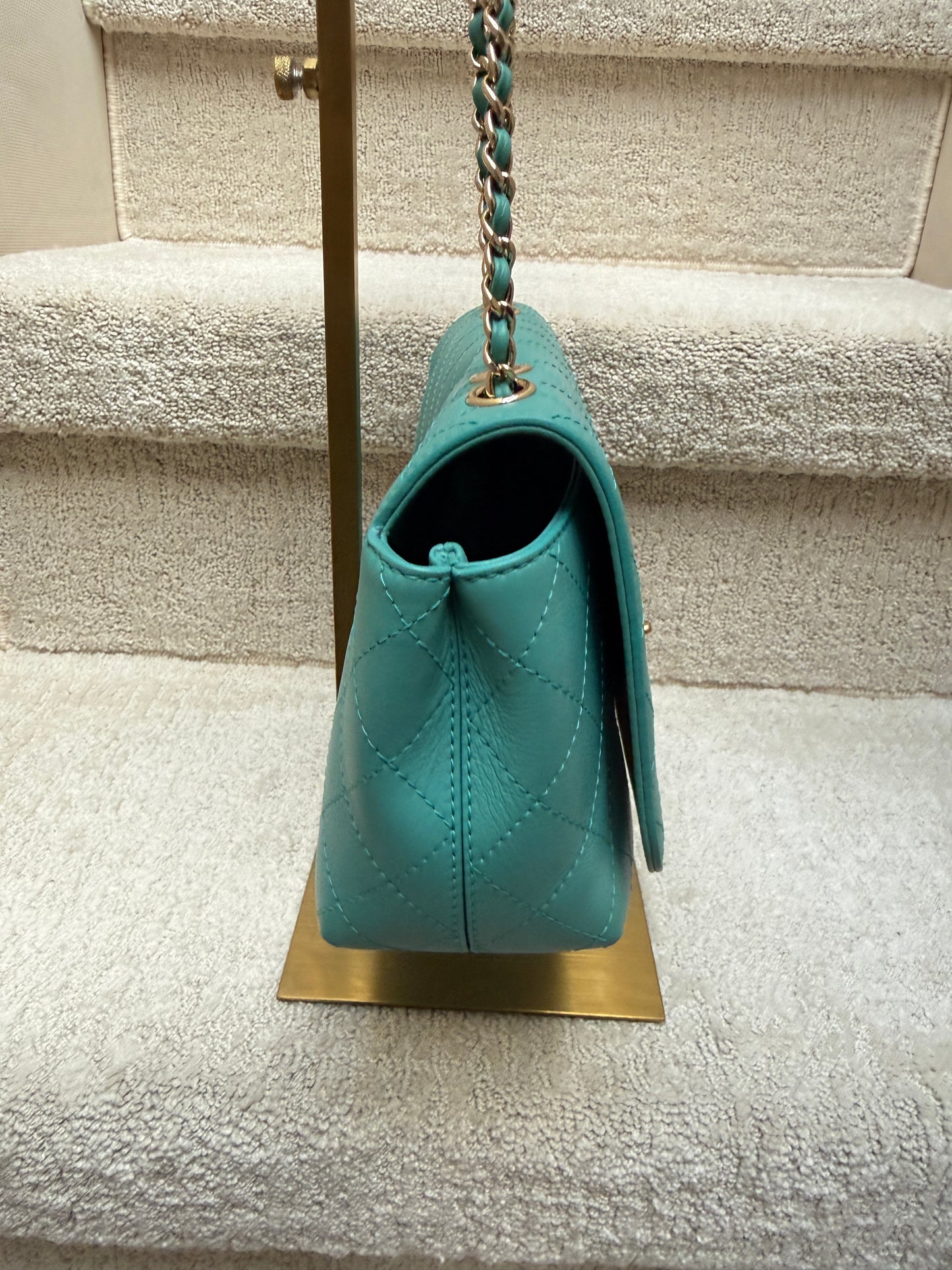 Chanel classic flap in turquoise other side view