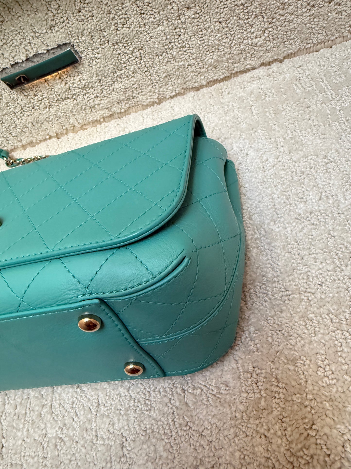 Chanel classic flap turquoise view of third corner