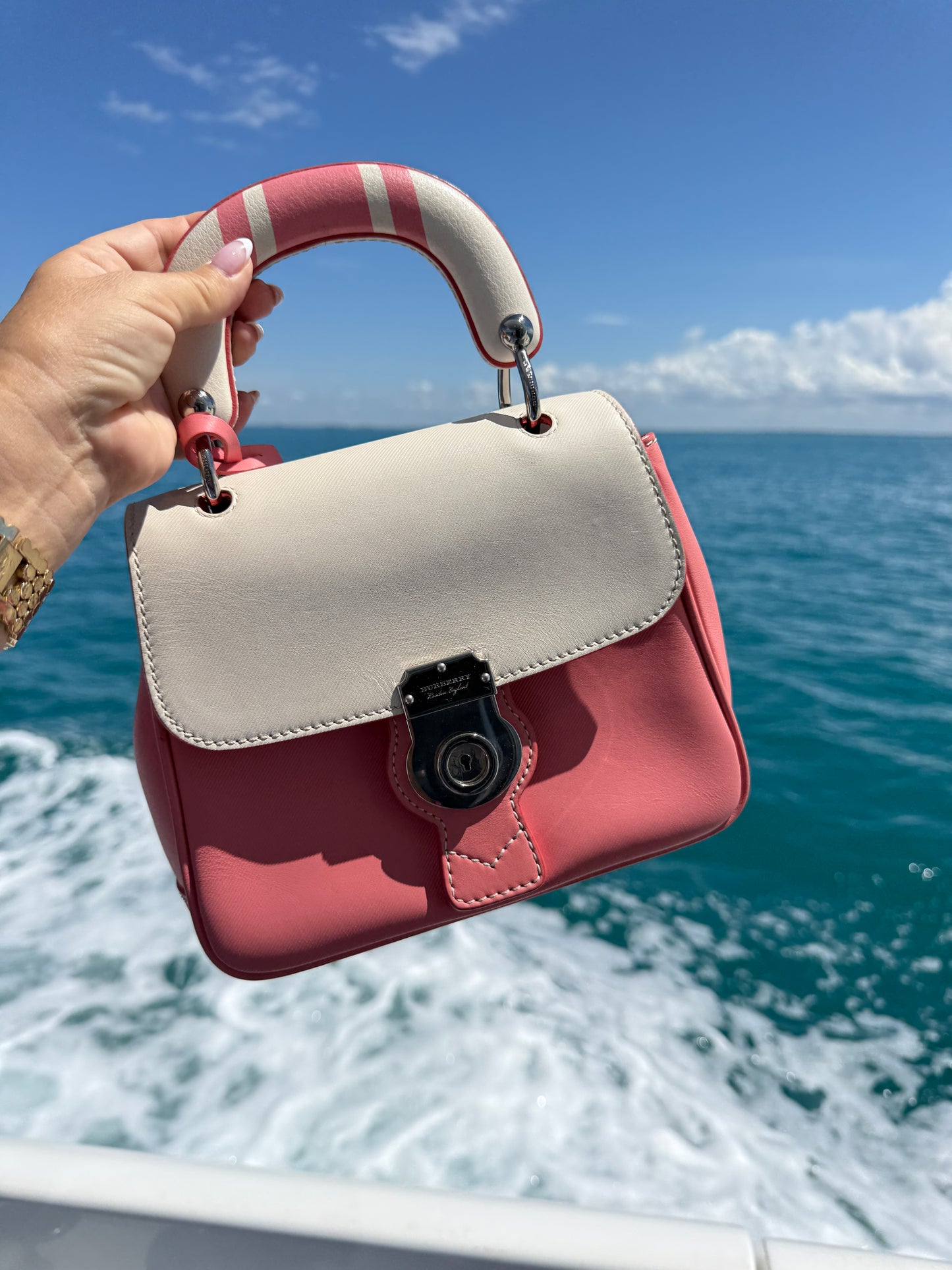Burberry Trench Calfskin DK88 Top Handle Bag White and Pink